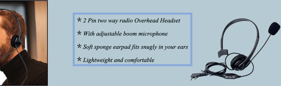 Retevis Overhead Walkie Talkie Headset with Boom Mic Kenwood Pin