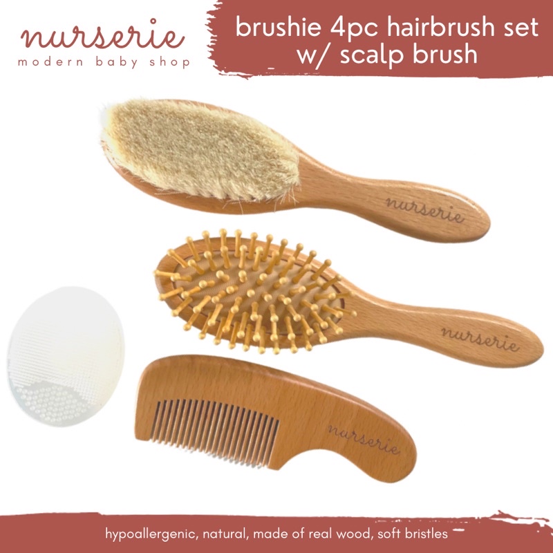 Brushie Natural 4pc Baby Wooden Hair brush Comb Scalp Brush for Cradle