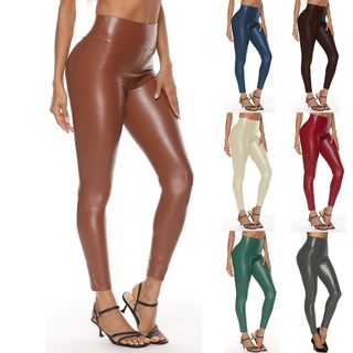 High Quality Women Glossy Shiny Metallic High Waist Pants PU Leather  Waterproof Black Stretchy Leggings Thin/Thick