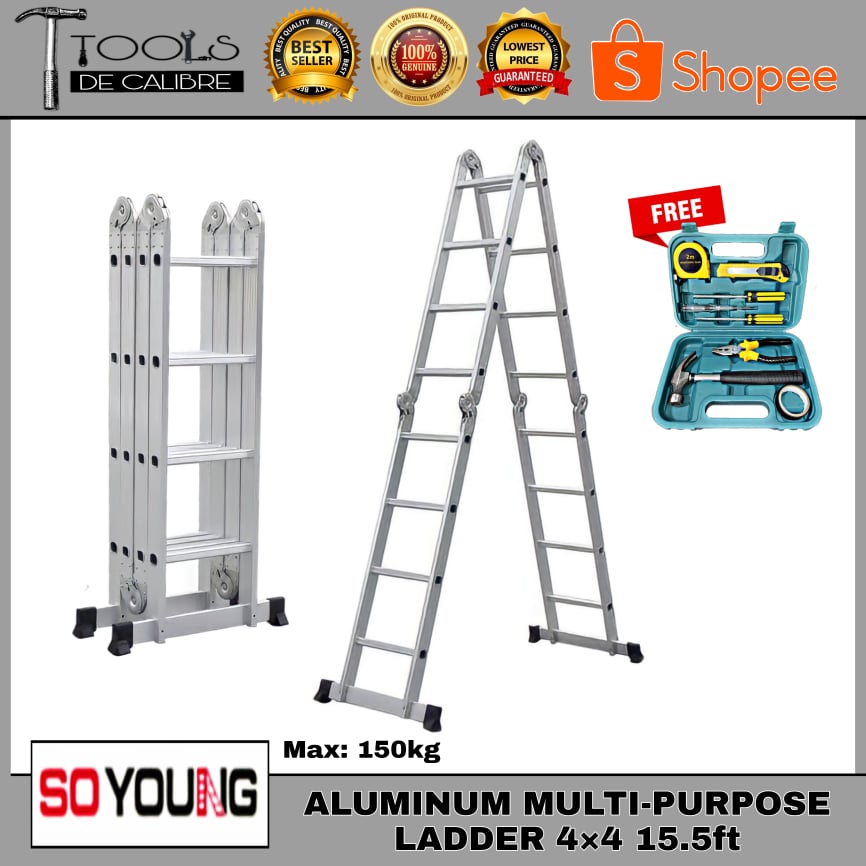 Aluminum Multi-Purpose Foldable Ladder 4x4 15.5ft w/ FREE TOOLSET ...