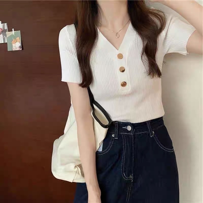 new arrivals korean style knitted blouse /v-neck fashion 2colors blouse ...