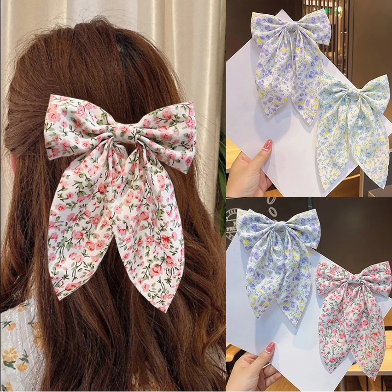 Floral Hair Bow Clip Flowers Print French Barrette Accessories | Shopee ...