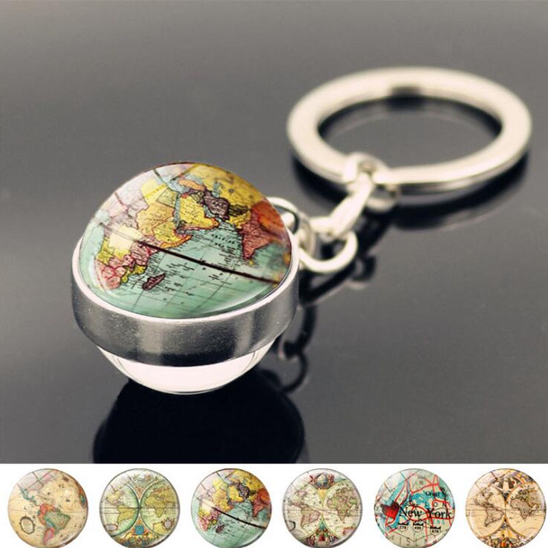 1pc Retro World Map Keychain Pendant Cabochon Time Jewel Crystal Glass ...