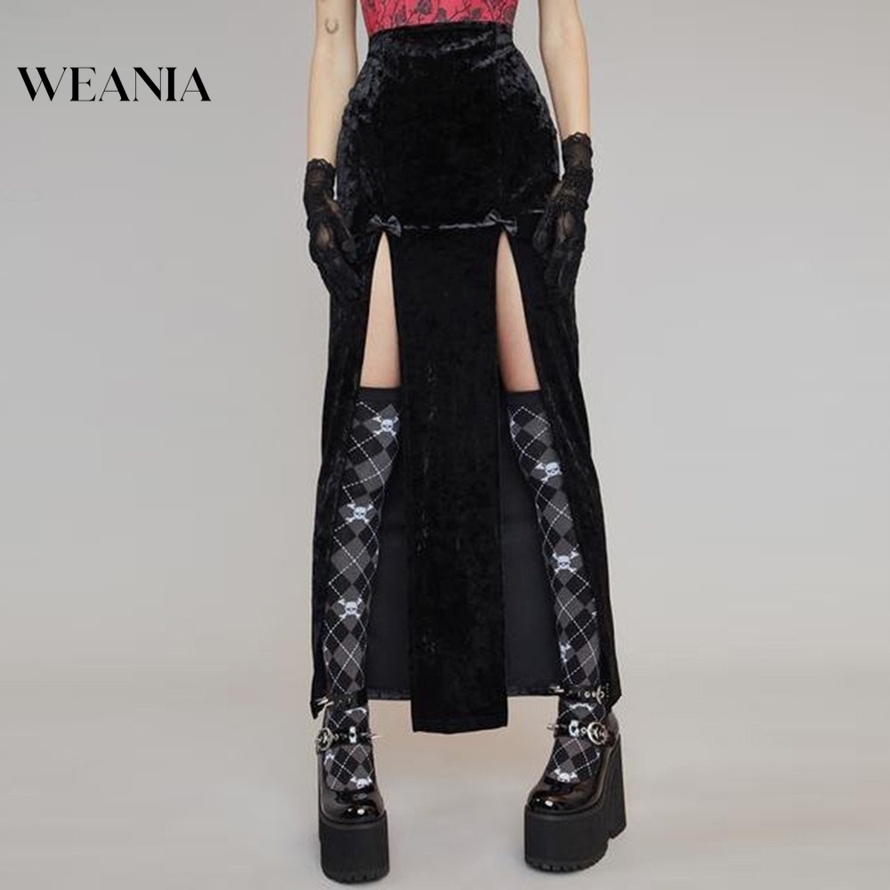 WEANIA Gothic Sexy Style Women High Wasit Split Long Velvet Skirt