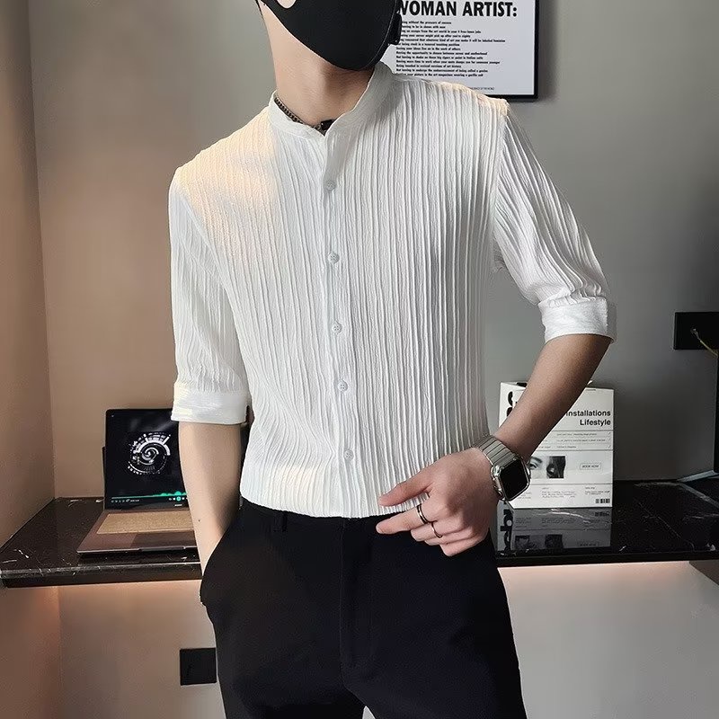[Cod] M-3XL ice silk shirt high-quality five-point short-sleeved men's ...