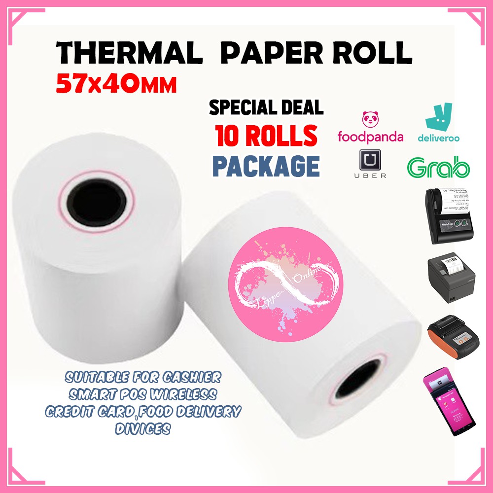 10 pcs 57 x 40mm Thermal Paper roll for Foodpanda Senda Xprinter Mobile