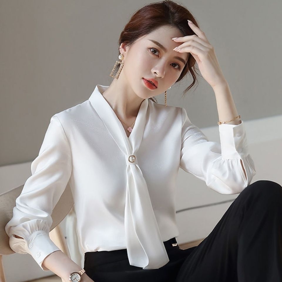 Blouse Women s Korean Style Fashion White Chiffon Long Sleeve Shirts Shopee Philippines