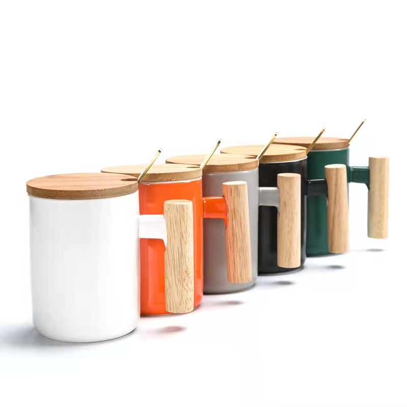 Nordic Ceramic mug cup minimalist elegant coffee mug wood handle wood cover spoon(390ml