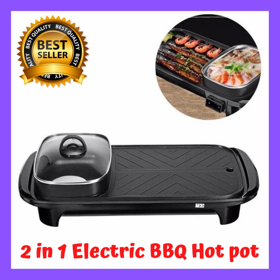 2 in1 Electric BBQ Griller with Shabu Shabu Hotpot NonStick Coating