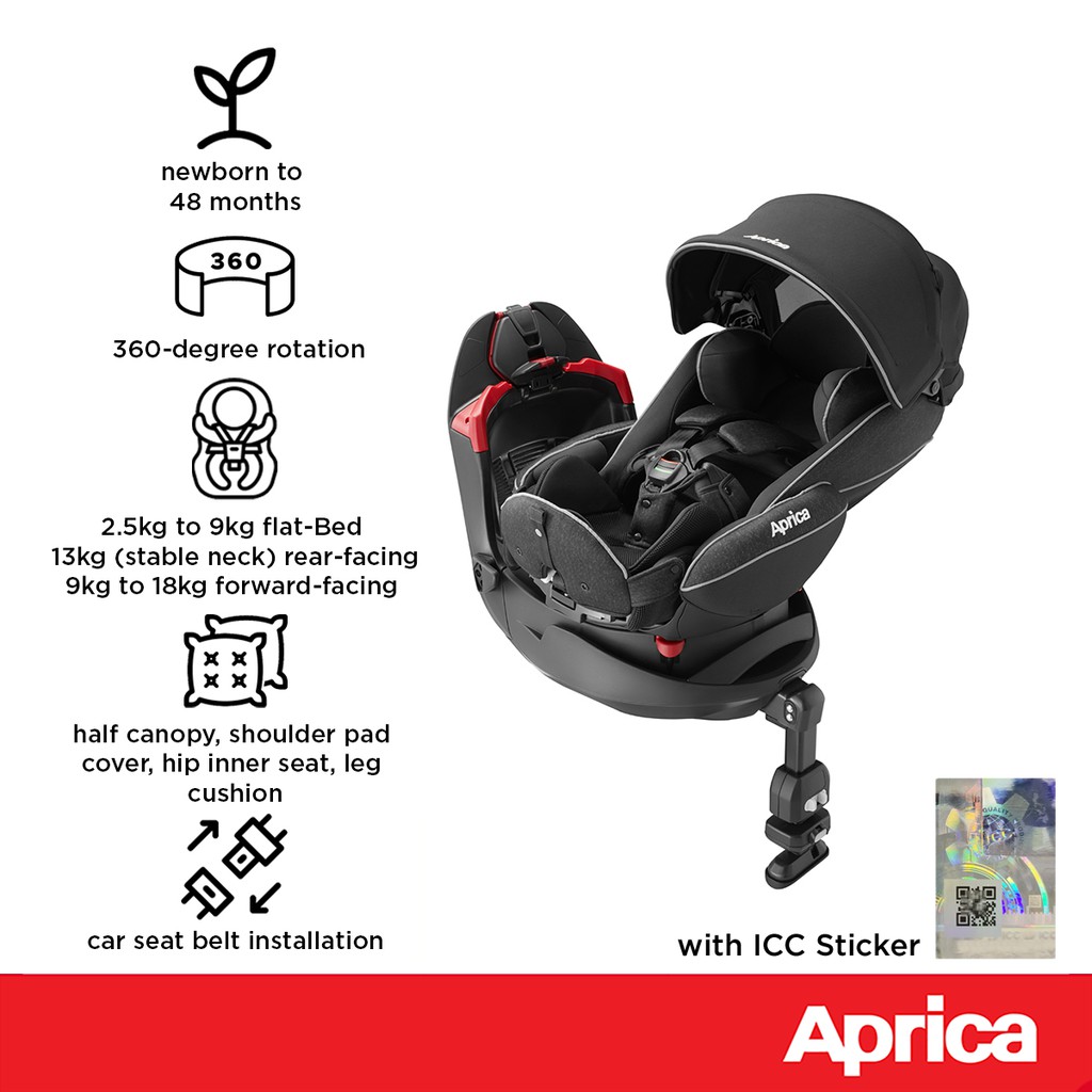 Aprica Fladea Grow DX 0m 4y Newborn to Toddler Deluxe Car Seat with ICC sticker