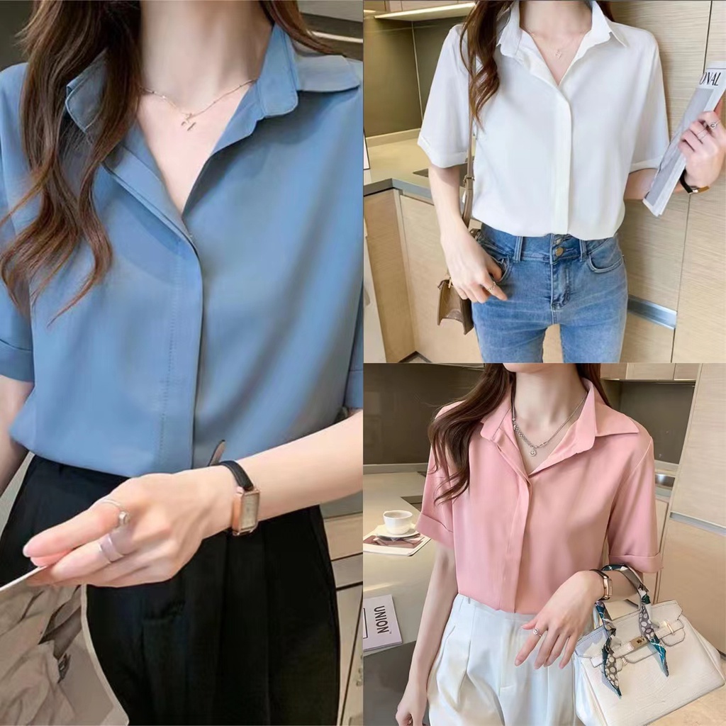 STOCK Polo Blouse For Women Chiffon Blouse Korean Style Short