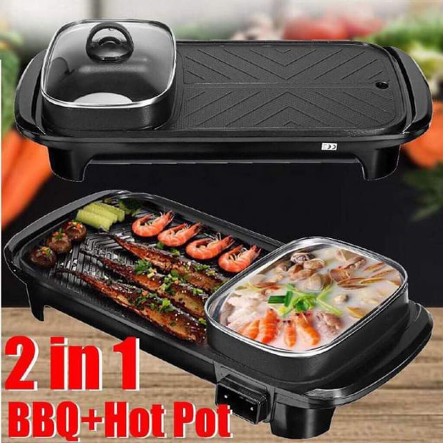 Samgyup Set 2 in 1 Rectangle Electric Grill Pan and Hotpot with FREE Meat cutter and Food tongs plus Shopee Philippines
