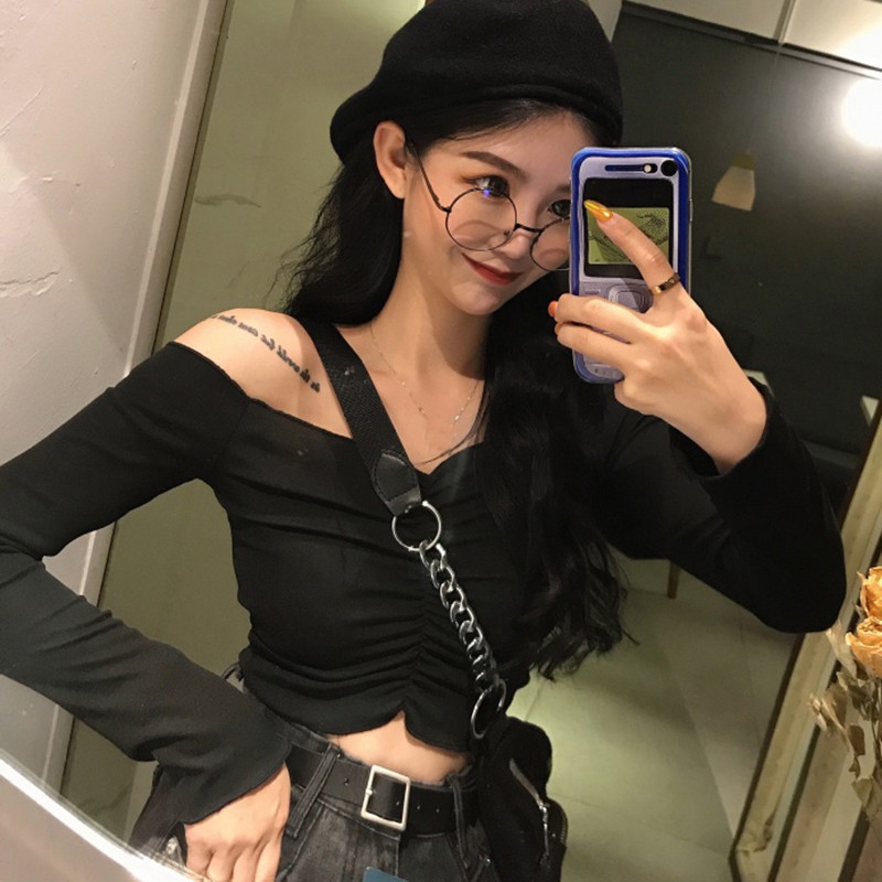 Women Sexy Off Shoulder Slash Neck Casual Long Sleeve Crop Top Korean 