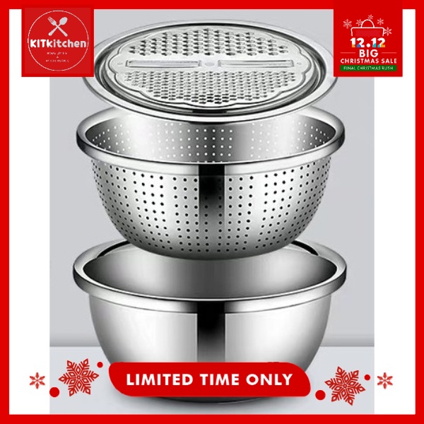 BEST 3in1 Stainless Colander Strainer Mixing Bowl Grater Set Washing COD Shopee Philippines