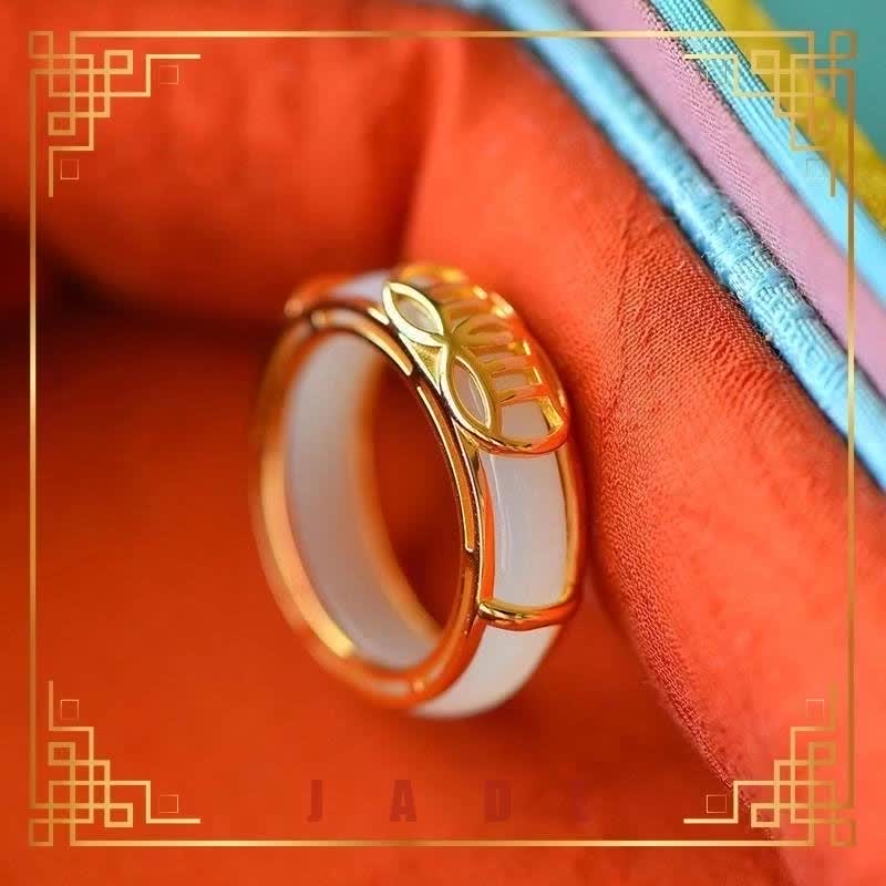 [Lucky Jade] S925 Sterling Silver Gold-Plated Hetian Jade Ring Couple ...