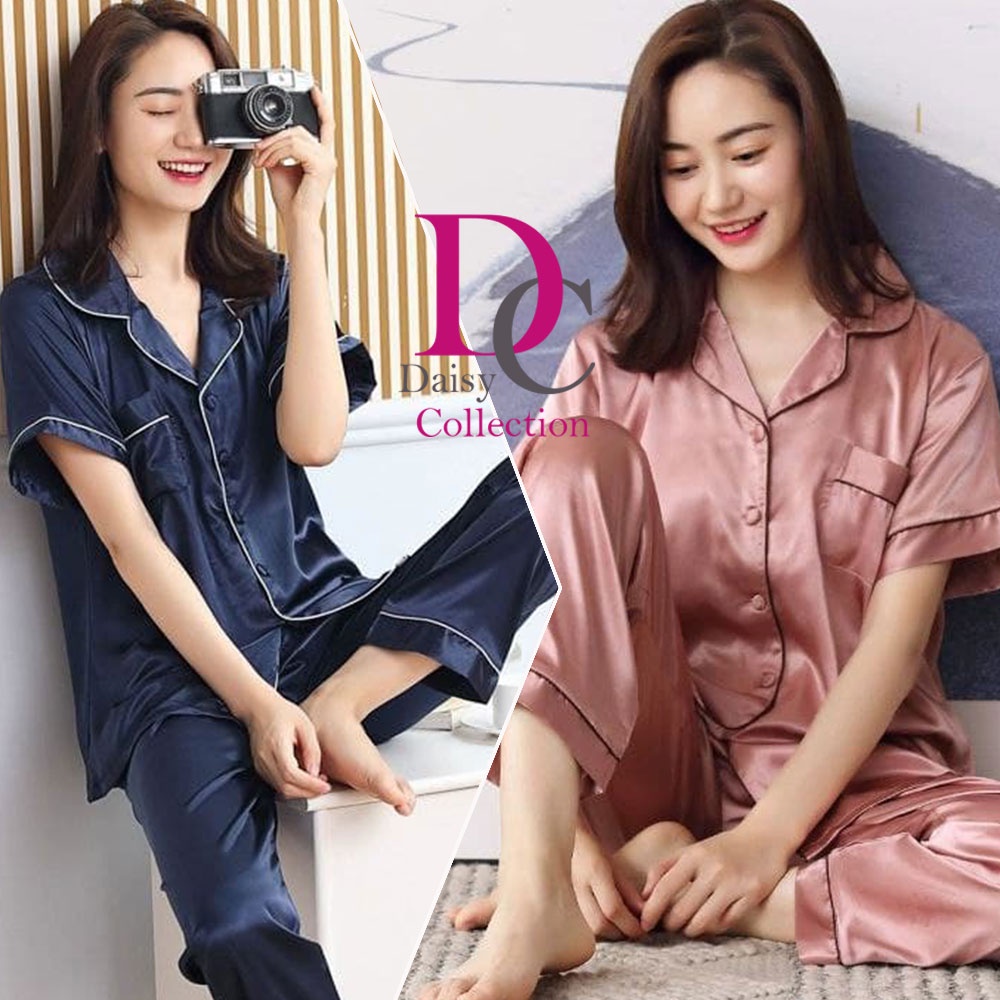 DC Halle Button Down With Collar and Side Pocket Silk Sleepwear Terno ...