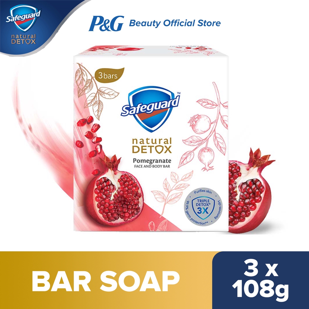 Safeguard Antibacterial Detox Face and Body Soap Bar Pomegranate 108gx3