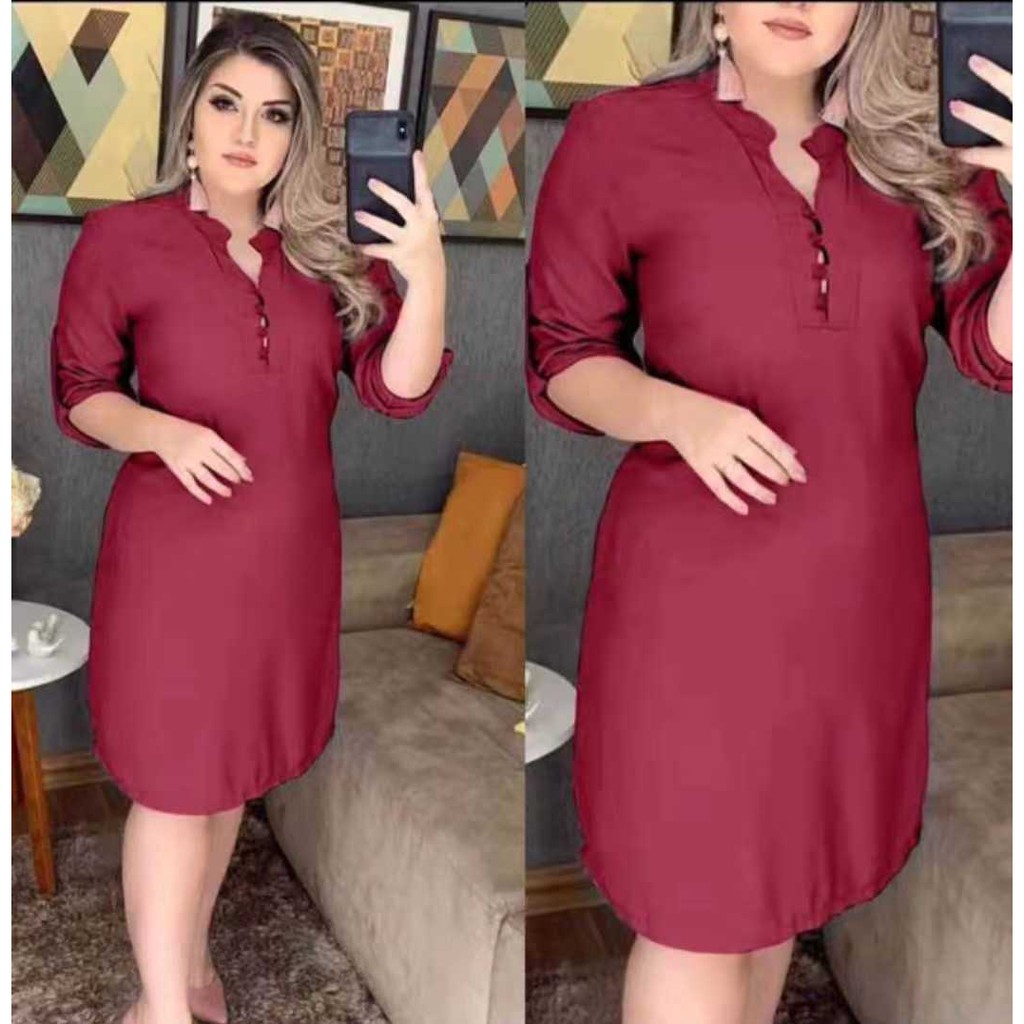 706Women formal Dress Plus Size Lady Loose Solid color 3/4 Sleeve Dress Fashion Casual ALine