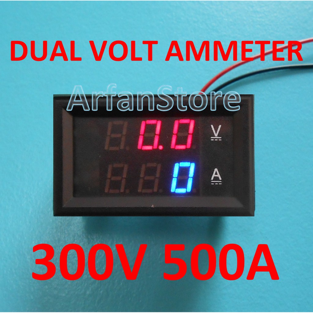 DC 0-300V 0-500A Dual LED Digital Volt Amp Meter – Red/Blue Display, With Shunt