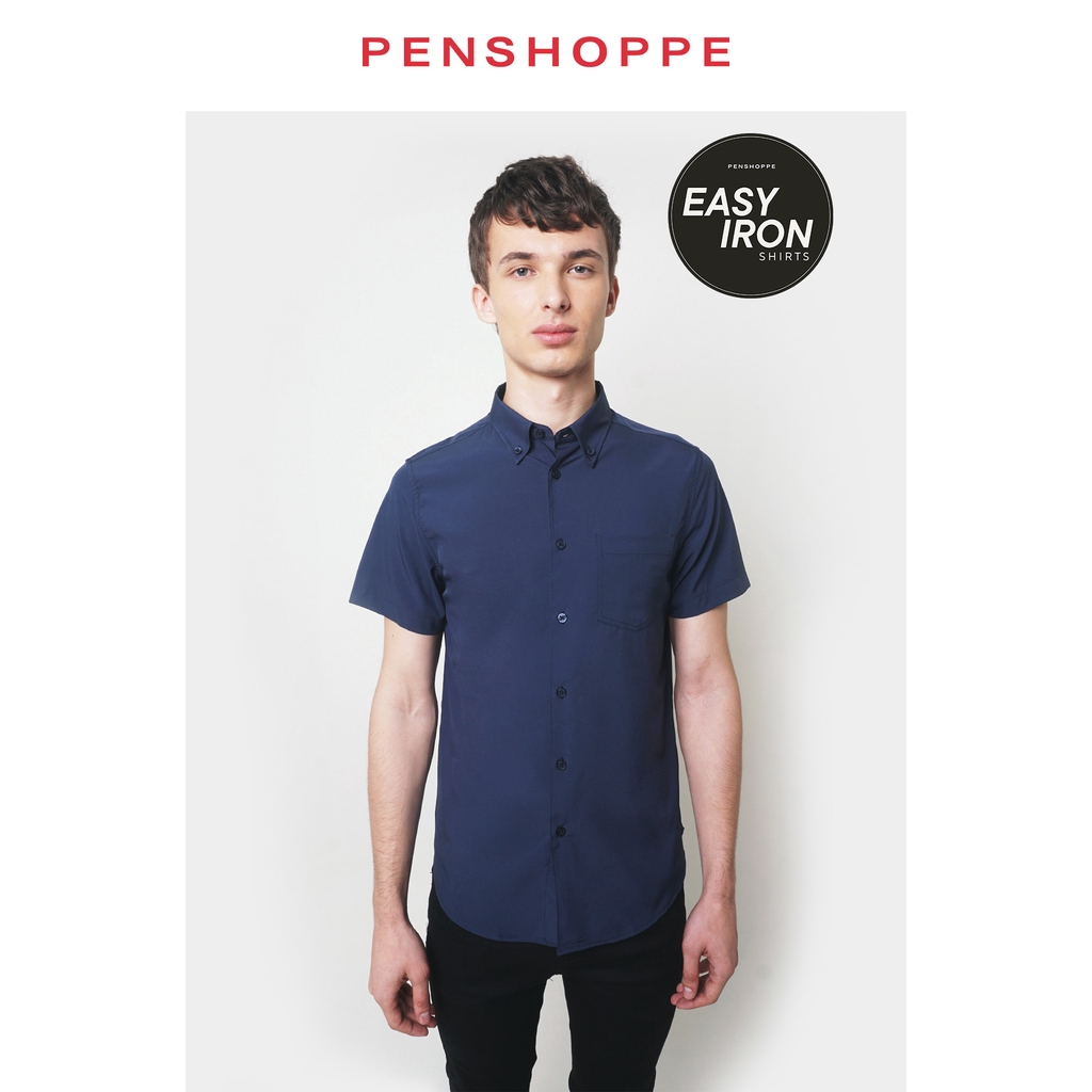 Easy Iron Short Sleeve Shirt For Men (Navy Blue/White) Shopee Philippines