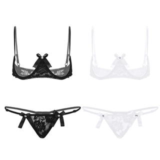 inlzdz Women's Lace Lingerie Set, Open Cup Shelf Bra with G-String
