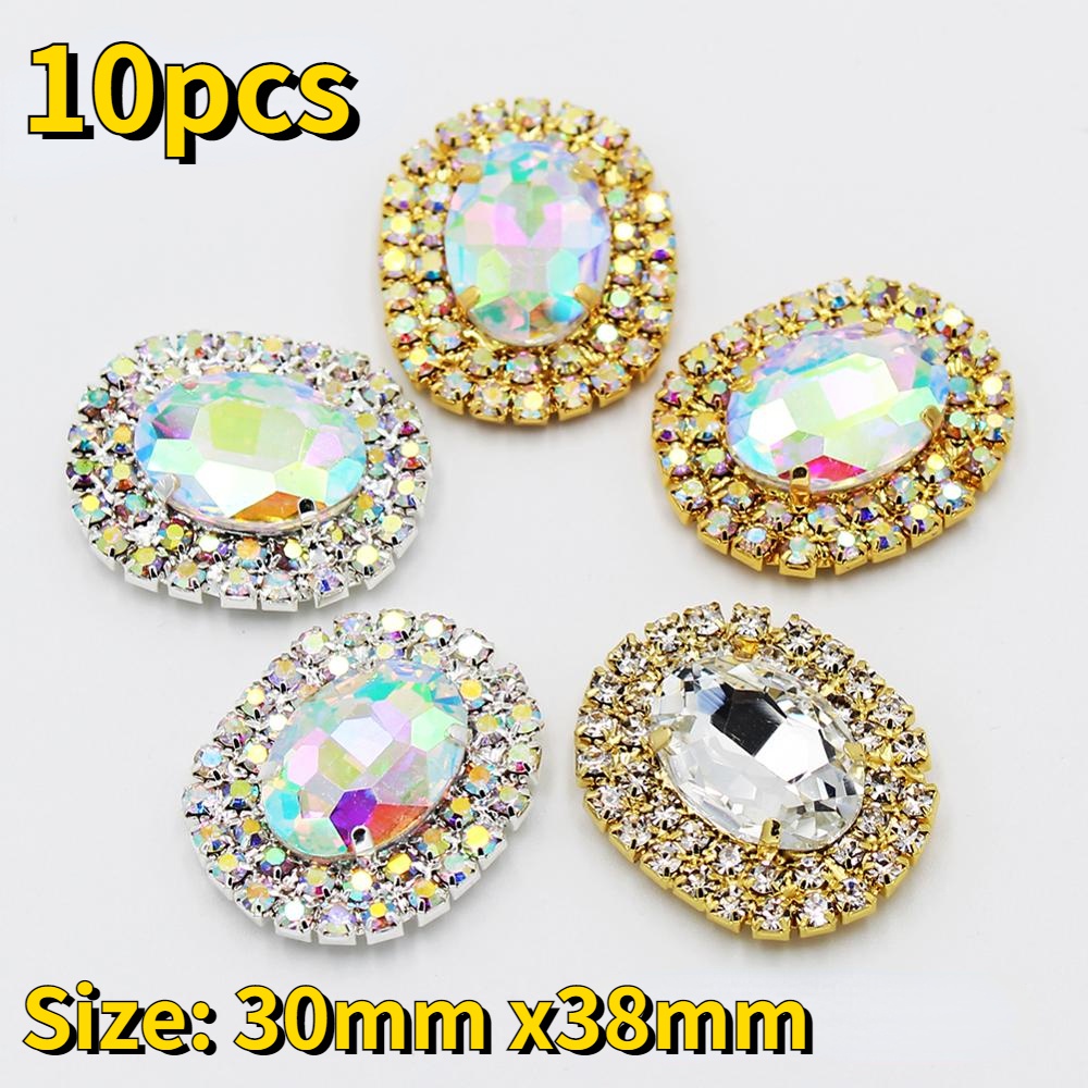 10pcs 30*38mm Crystal AB Sewing Rhinestones Buttons Gold Metal Applique ...