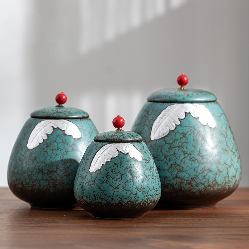 Sea blue glaze ceramics urns silver traced Plantain Leaf cremation urns