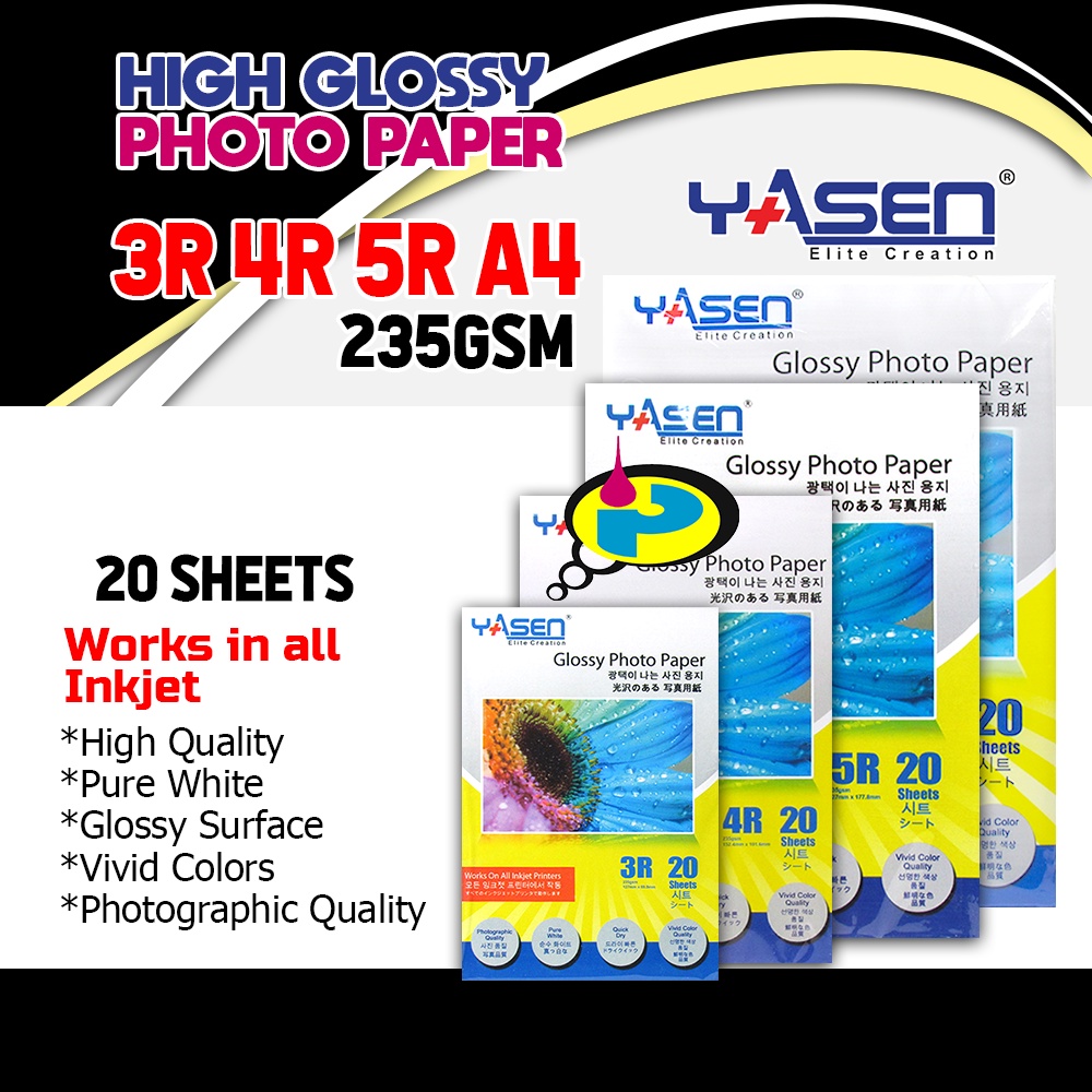 Yasen Premium high Glossy photo paper 235gsm A4 3R 4R 5R 20sheet /pack
