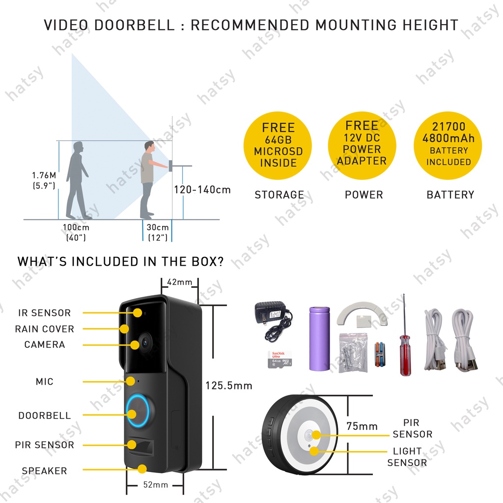 HATSY Smart Video Doorbell v3, With Battery and Indoor Chime, IP65