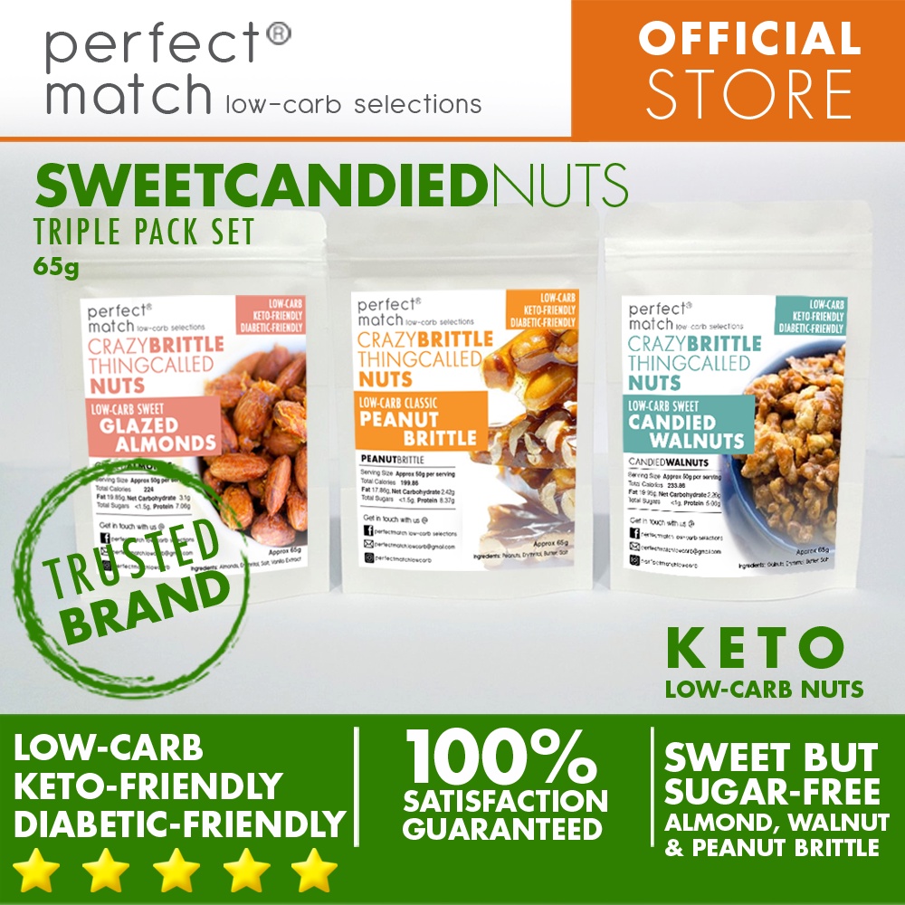PerfectMatch Low-carb® l Keto Nuts Triple Pack Sweet Candied Brittle ...