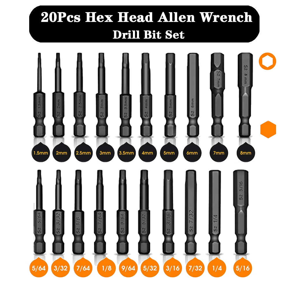 20PCS Hex Head Allen Wrench Drill Bit Set, 1/4 Inch Hex head