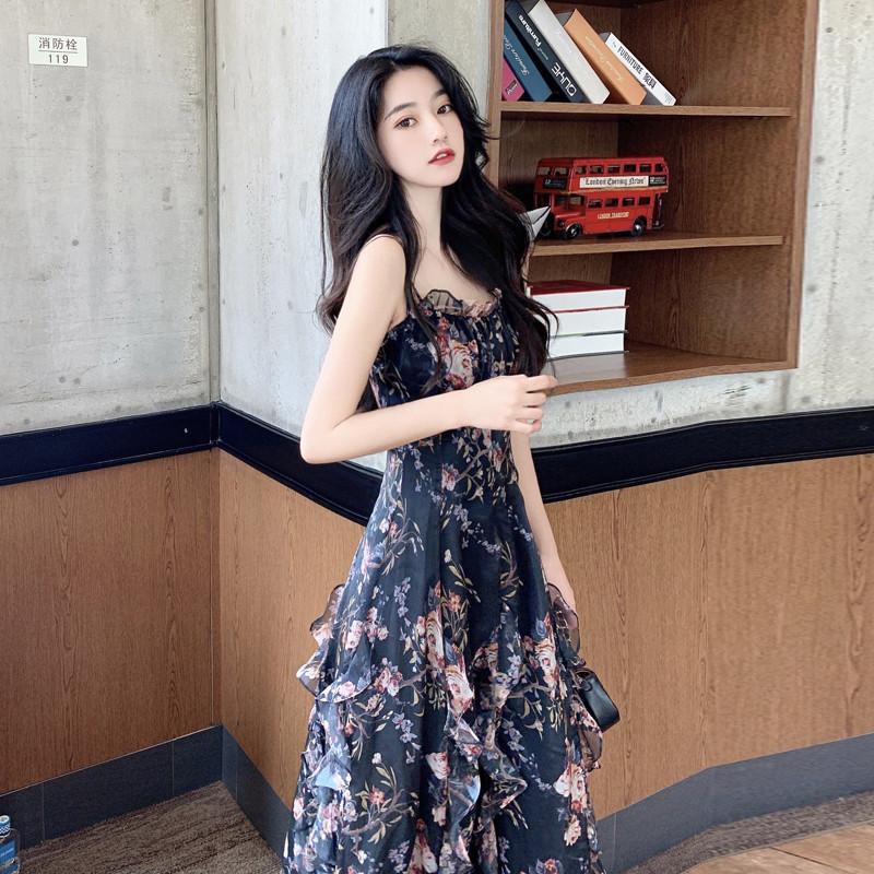 Summer New Style Bellflower French Niche Floral Sling Chiffon Dress ...