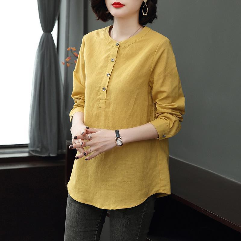 M-4XL Cotton Blouse Linen Button Solid color Women's Casual Long Sleeve ...