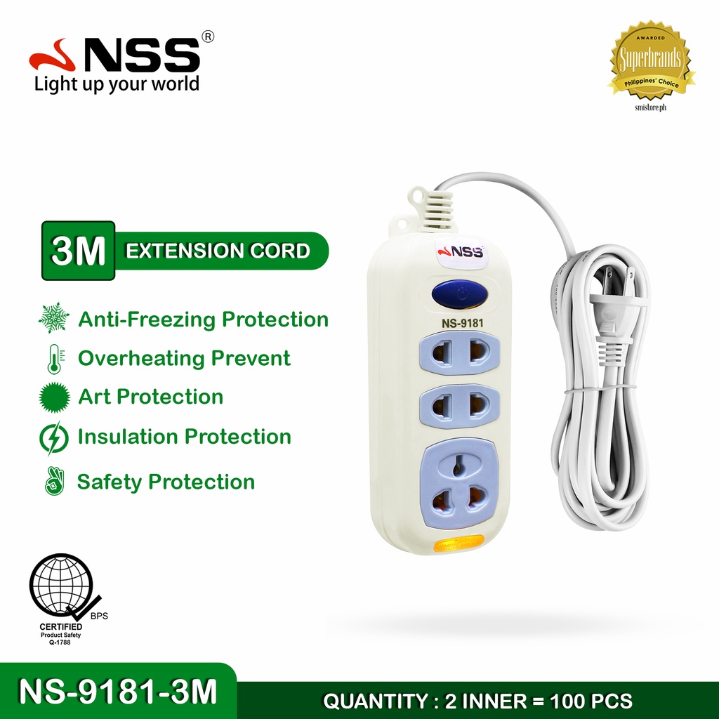 NSS Power Strip with 3 Outlets Extension Cord Surge Protector Flat Plug