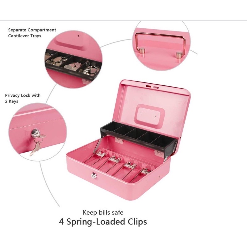 Pink Cash Box with Lock Money Drawer Holder Safety box Money Organizer ...
