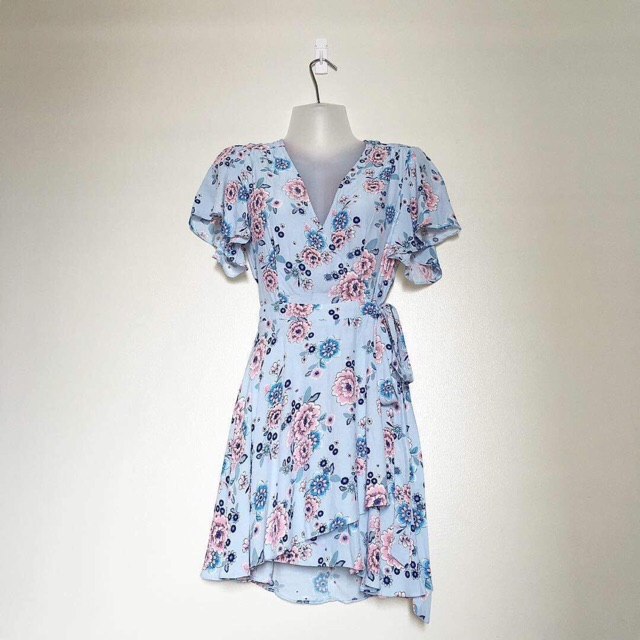 Miss Selfridge Petites Floral Wrap Dress pale blue w o tag