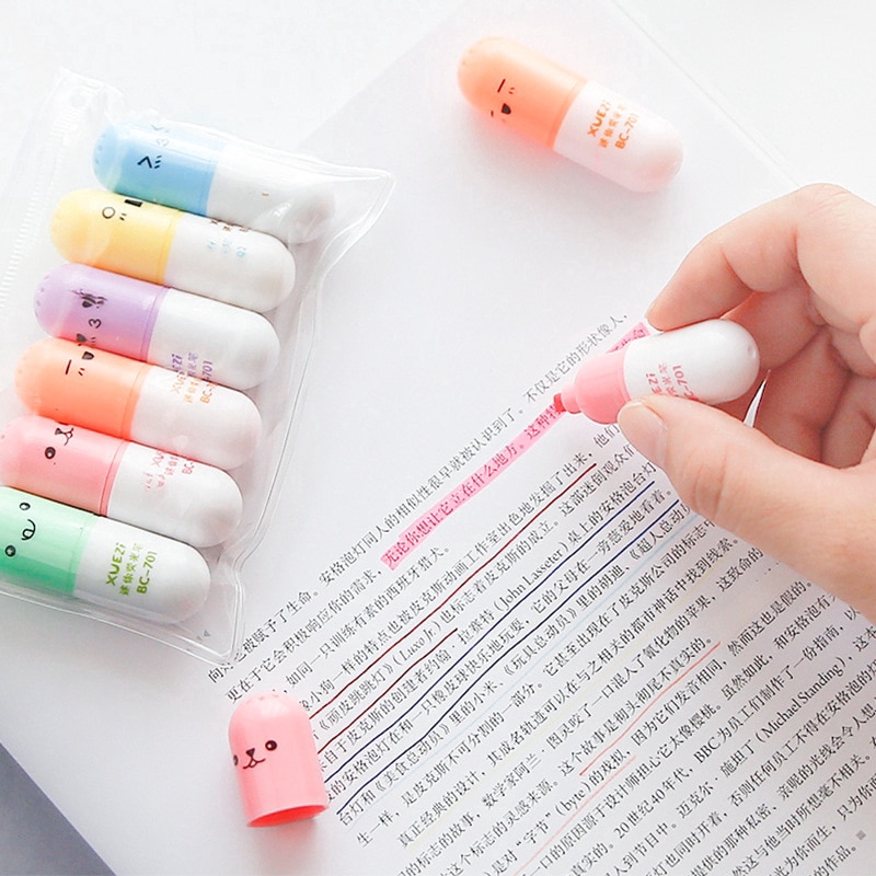 6 Pcs/lot Capsules Highlighter Vitamin Pill Highlight Marker Color Pens ...