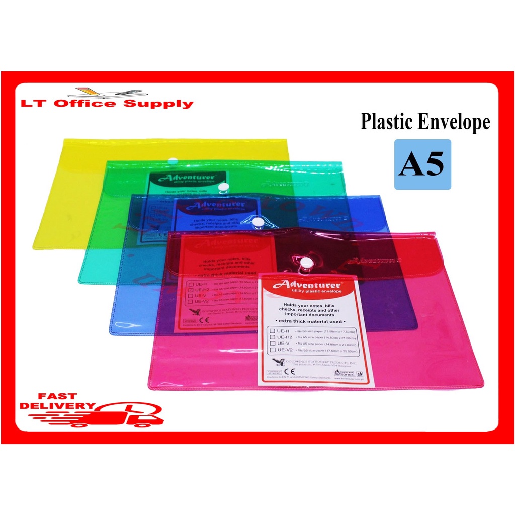 Adventurer utility plastic envelope size A5 assorted color | Shopee ...