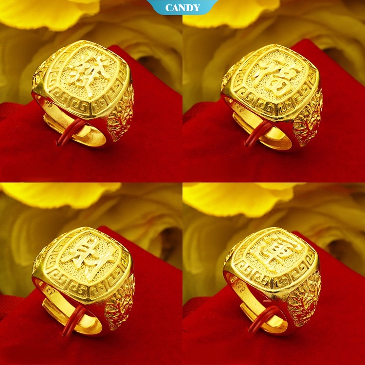 Brass Gold Plated Blessing Fortune Chinese Character Rings Men's ...
