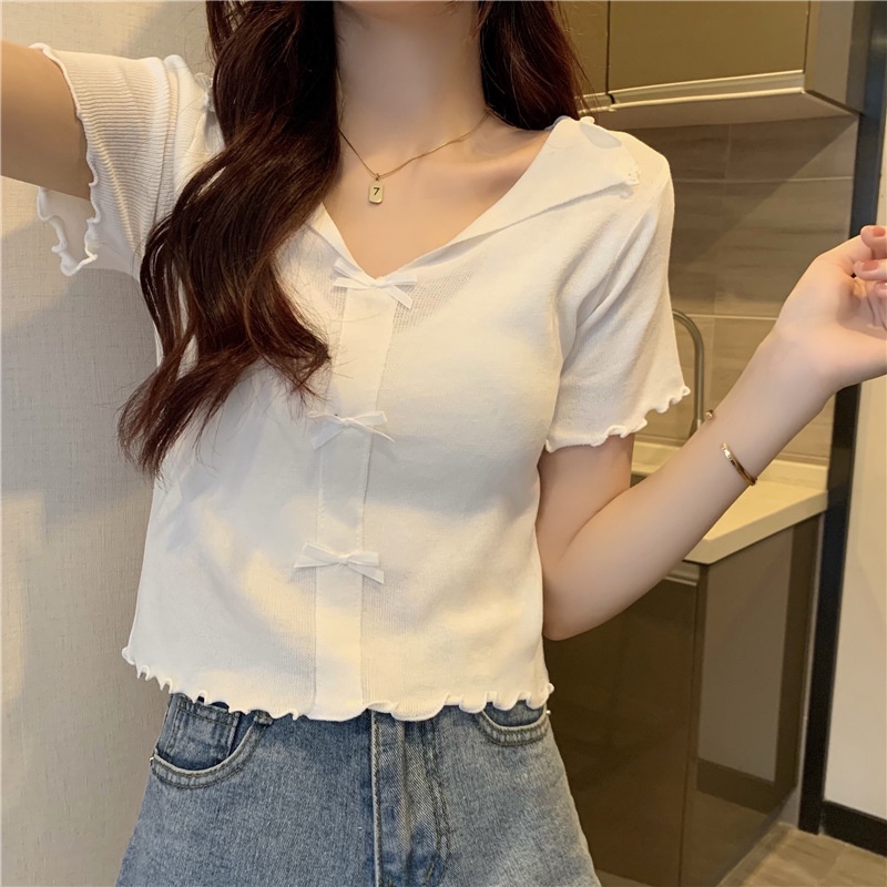 Korean knitted square neck white shirt top for women short puff sleeve ...