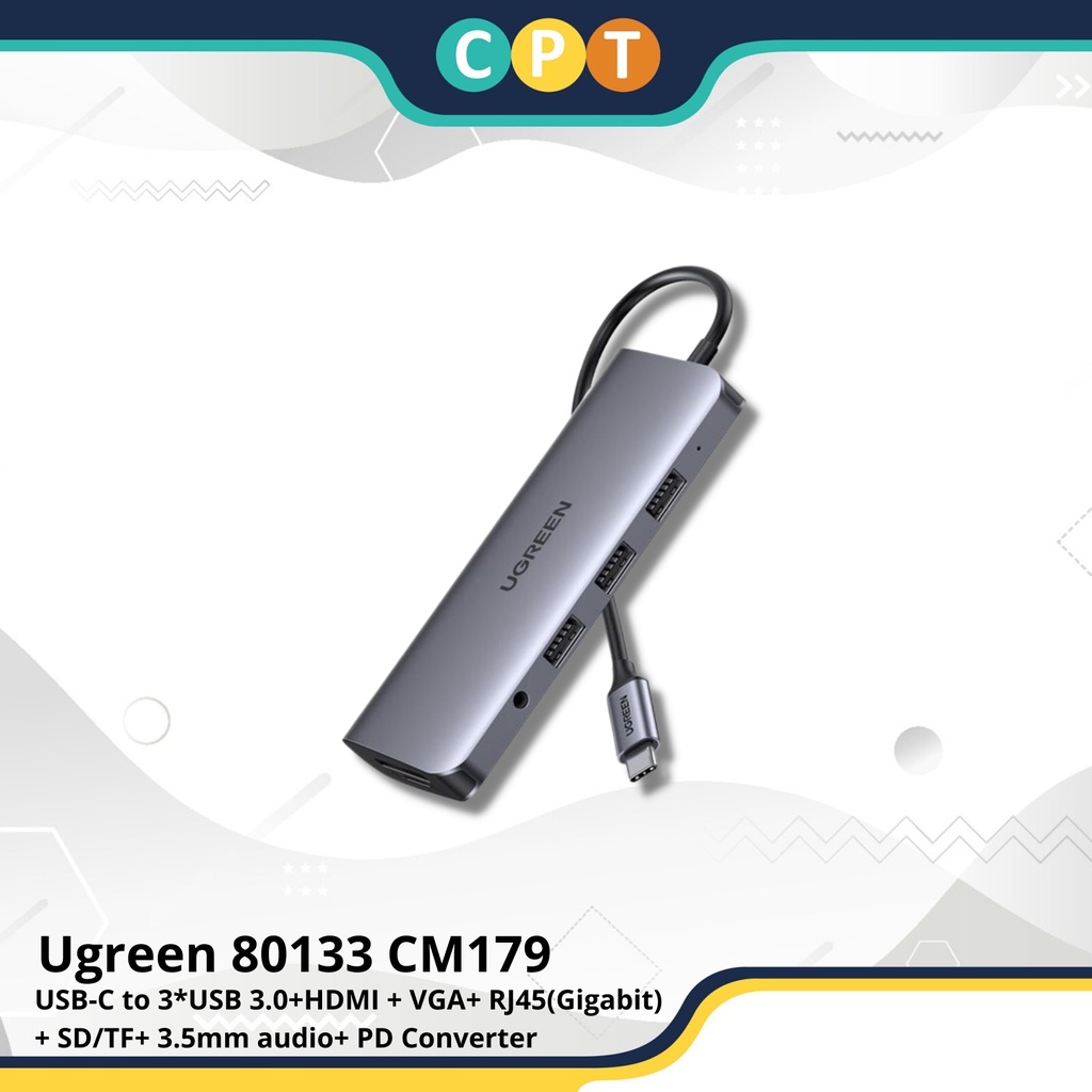 Ugreen 80133 CM179 USB-C to 3*USB 3.0+HDMI + VGA+ RJ45(Gigabit) + SD ...