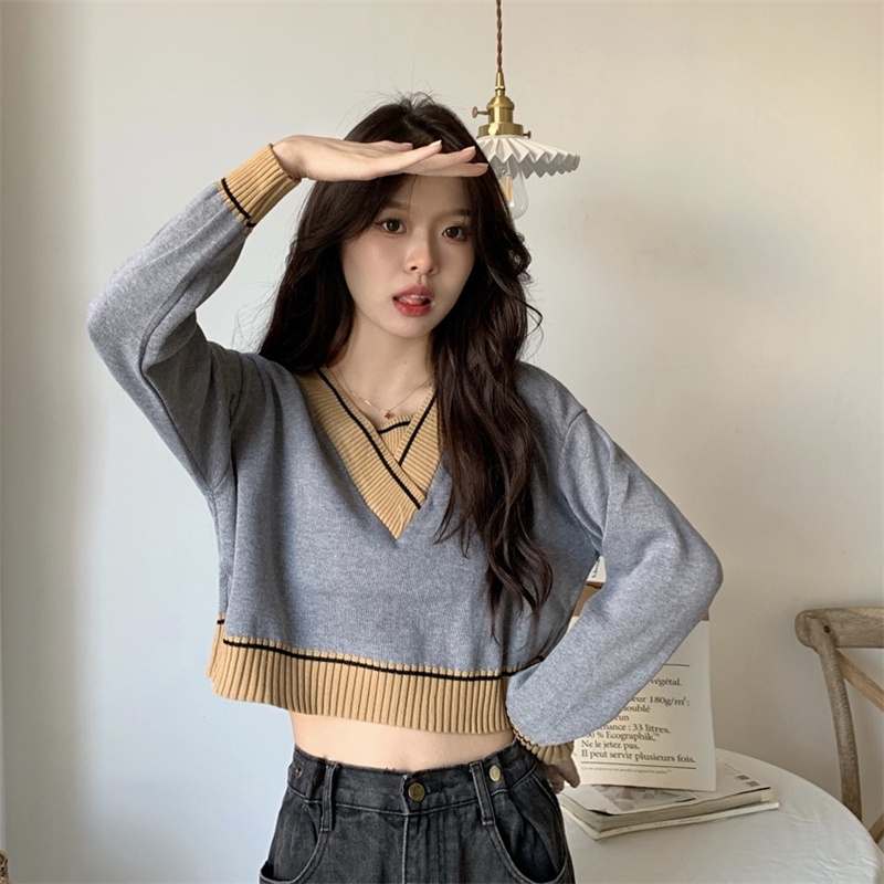 Good Quality French Vintage Fake Two piece V neck Pullover Crop Top Sweater Shopee Philippines