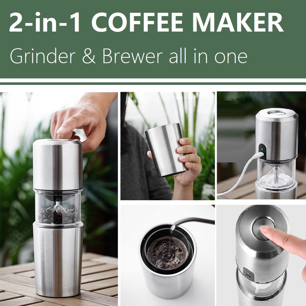Electric Coffee Grinder+Brewer 2-in-1 USB Rechargeable Coffee Mill Spices  Mill Machine Grinder Stainless Steel