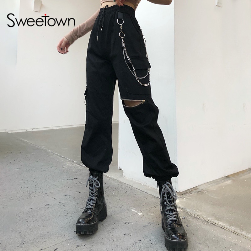 Fashion (black)Sweetown Safari Style High Waist Streetwear Pants