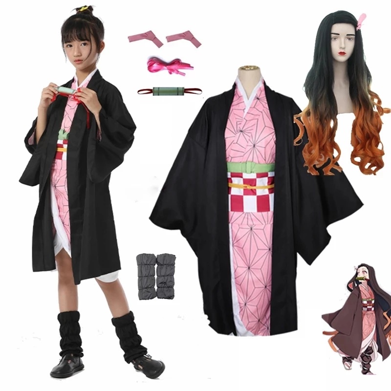 Kids Anime Demon Slayer Kimetsu no Yaiba Nezuko Cosplay Wigs Kimono
