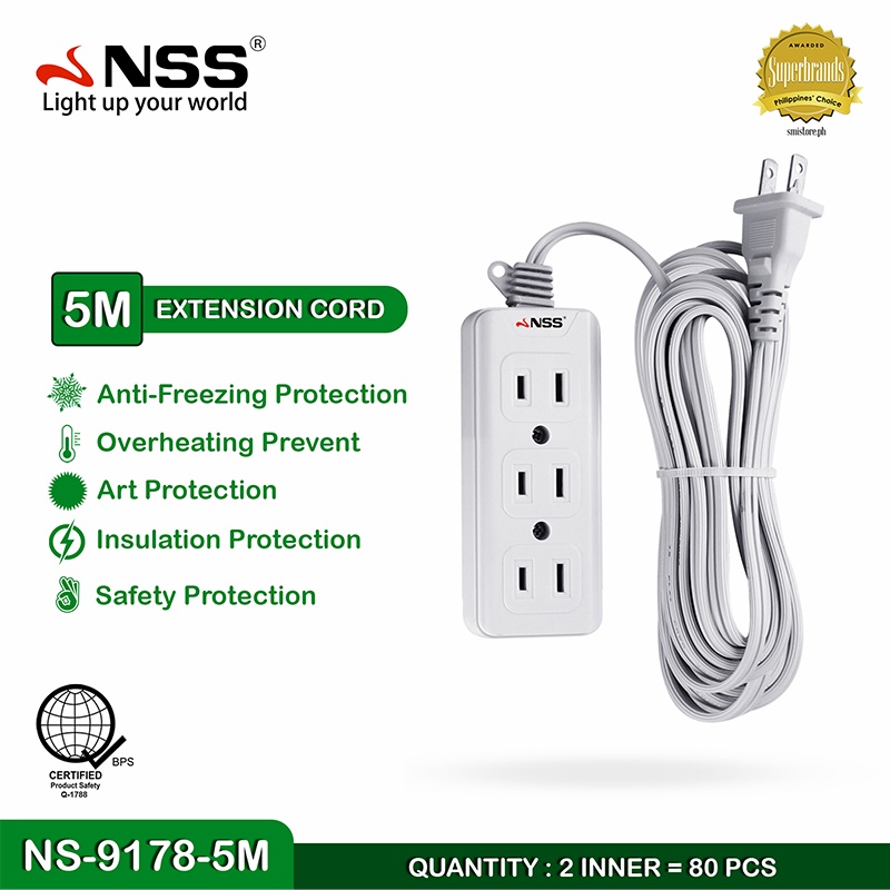 NSS Power Strip Surge Protector Extension Cord with 3 Outlets 5m Power