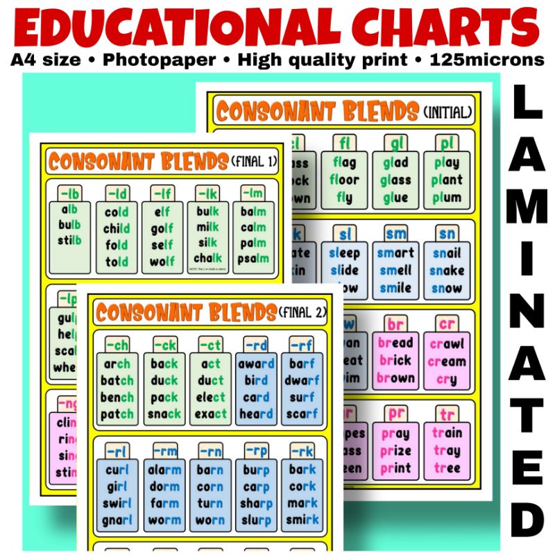 Consonant Blends Chart Initial & Final Blends Laminated A4 size Reading ...