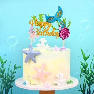 Glitter Mermaid Theme Birthday Cake Topper with Seaweed and Mermaid, Cake  Cupcake Toppers for Girls Mermaid Themed Birthday Cake Party Decorations 