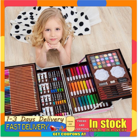  U.S. Art Supply 145-Piece Mega Wood Box Painting and Drawing  Set in Storage Case - 2 Sketch Pads, 24 Watercolor Paint Colors, Oil  Pastels, Colored Pencils, 60 Crayons, Brushes, Artist Kit