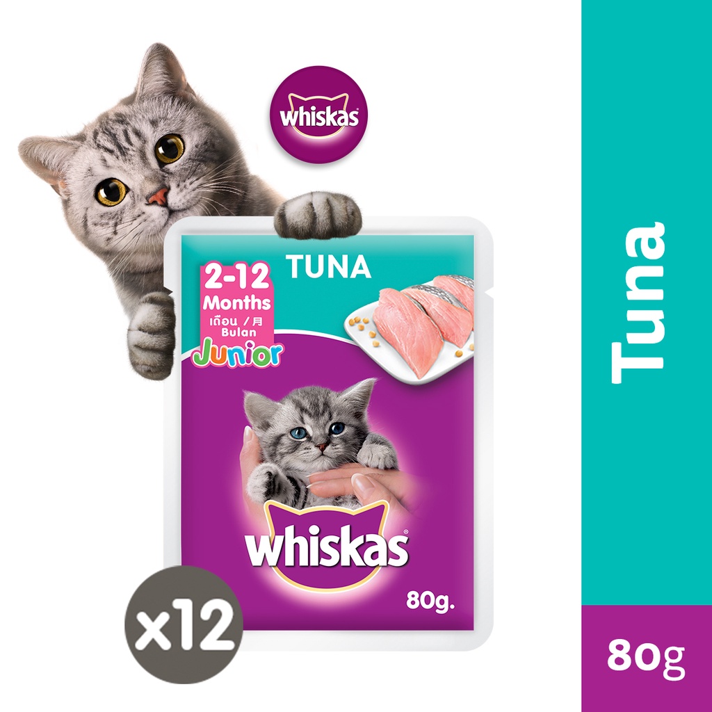 WHISKAS Junior Wet Kitten Food in Tuna Flavor 80g Pouches, 12Pack